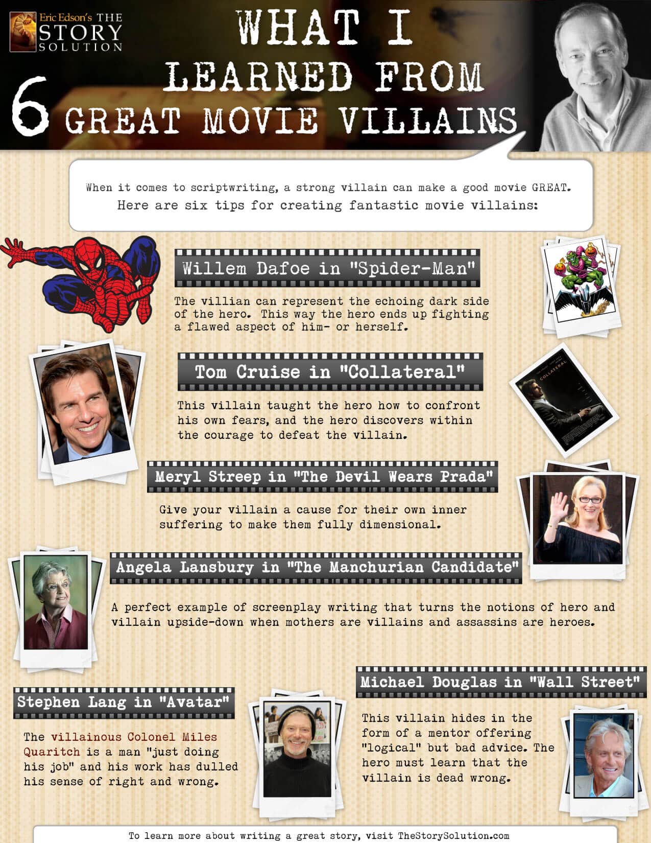 What I learned From 6 Great Movie Villains - Screenwriting Infographic - By Eric Edson